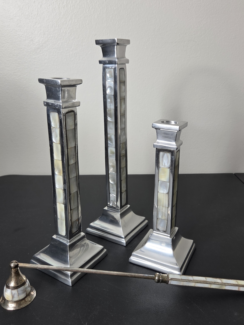 Towle Silversmiths Mother-of-Pearl Inlay Silver Tone Candle Holders W/Snuffer